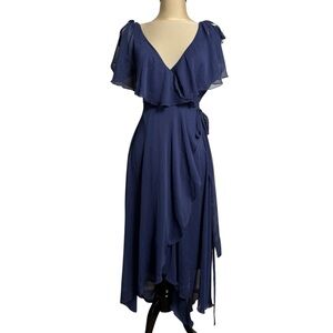 ASOS Navy Wrap Midi Dress Asymmetrical Ruffle Wedding Guest Size 2